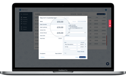 A screenshot showing the creation of invoices, particularly how easy it is to set custom amounts for certain members