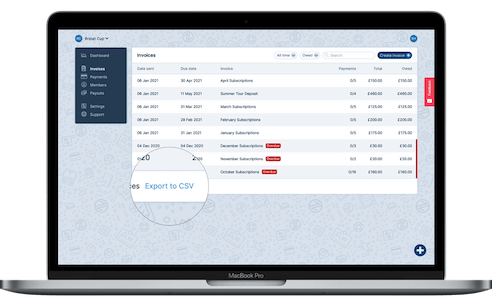 A screenshot of Payzip's Invoices table, showing the state of some member invoices